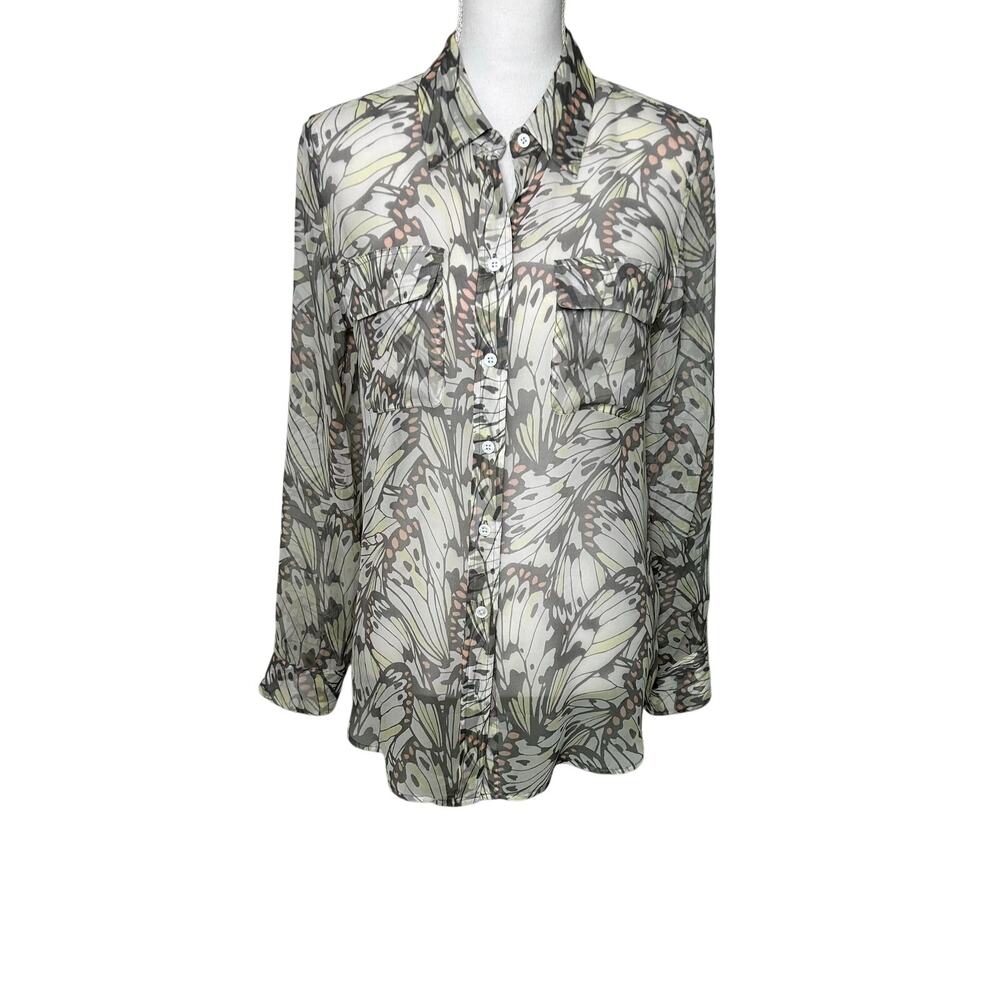 Equipment femme semi sheer butterfly wings print silk long sleeve button down M